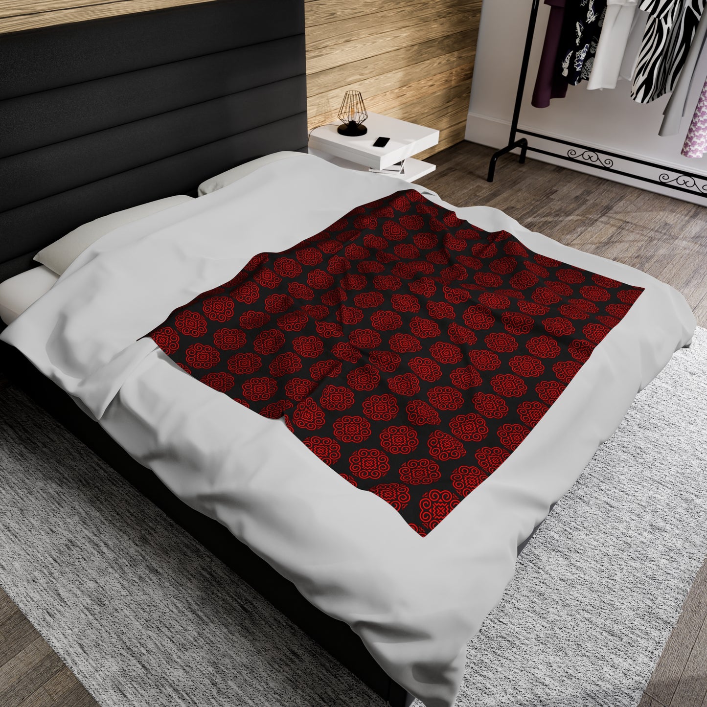 Hmong Velveteen Plush Blanket (black & red)